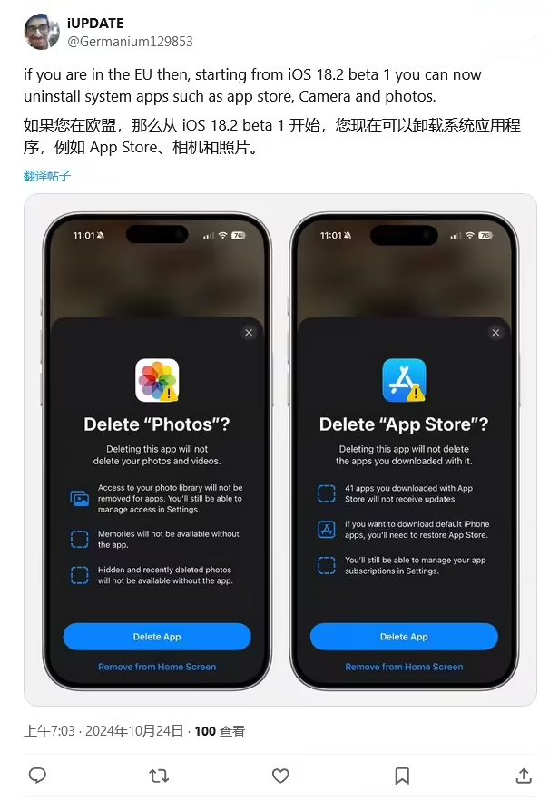 龙口苹果手机维修分享iOS 18.2 支持删除 App Store 应用商店 