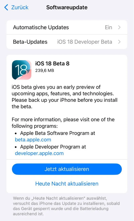 龙口苹果手机维修分享苹果 iOS / iPadOS 18 开发者预览版 Beta 8 发布 